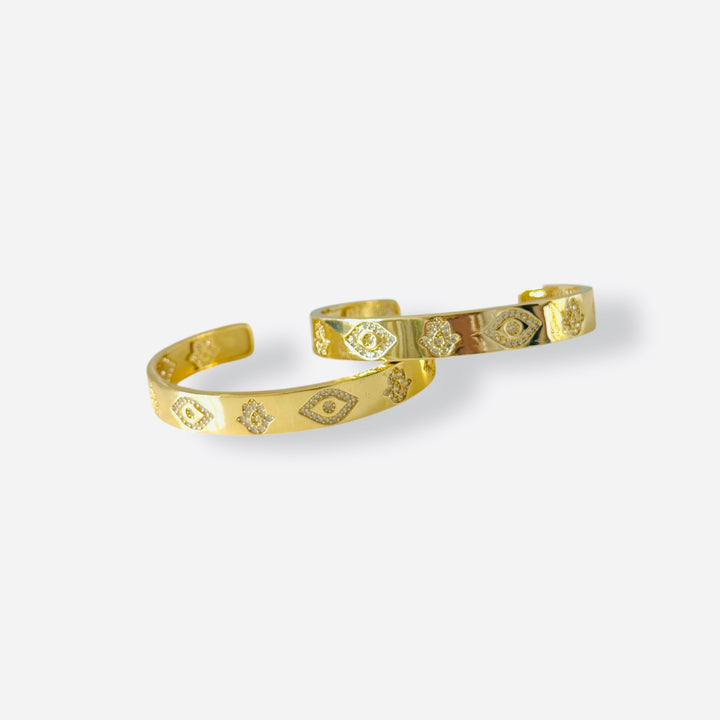 Hamsa &amp; Evil Eye Gold Bangle | Mannaz Designs