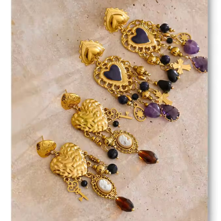 Heart Chandelier Earrings with Purple beads