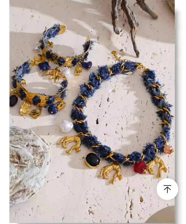 Denim Charm Gold Bangle Bracelet