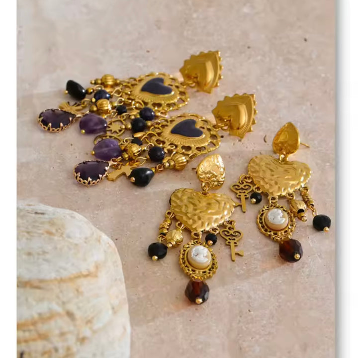 Heart Chandelier Earrings with Purple beads