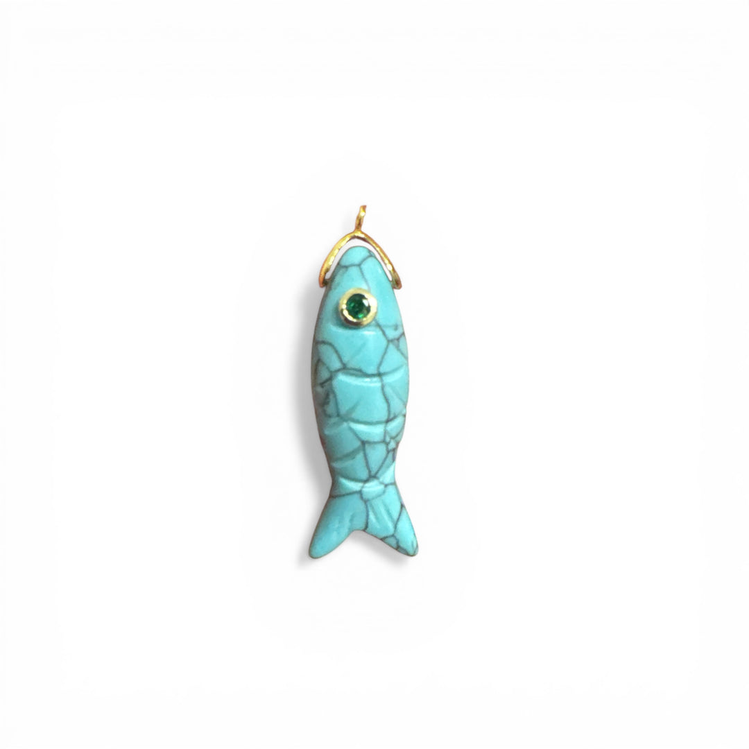 Turquoise Fish Pendant Necklace - Natural Stone Talisman on Red Silk Cord