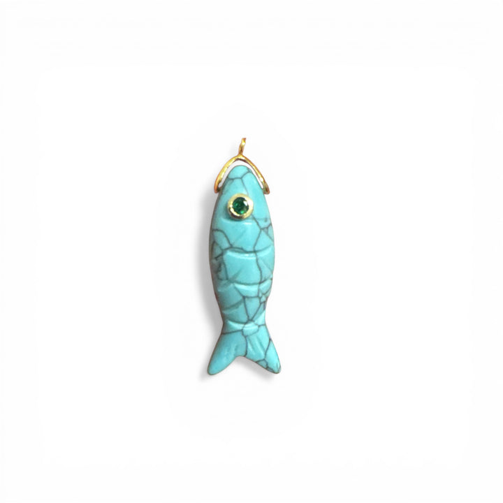 Turquoise Fish Pendant Necklace - Natural Stone Talisman on Red Silk Cord