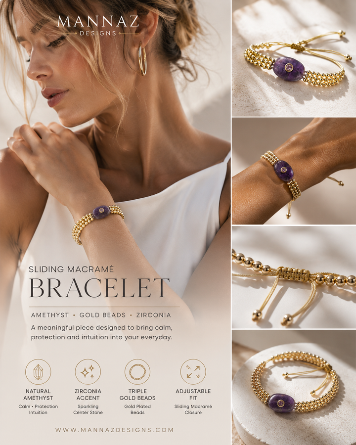 The Intention Bracelet — Gemstone Macramé Gold Beaded Bracelet