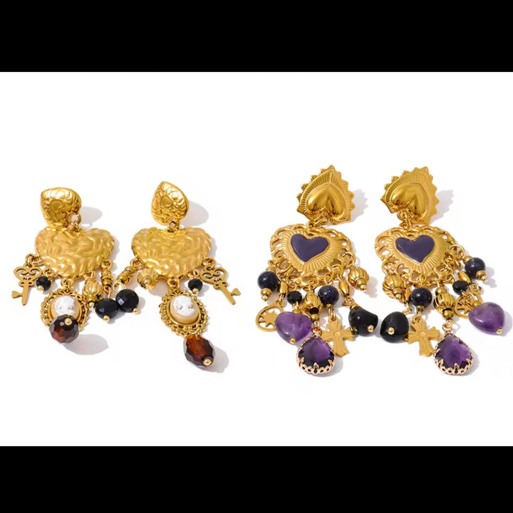 Heart Chandelier Earrings with Purple beads