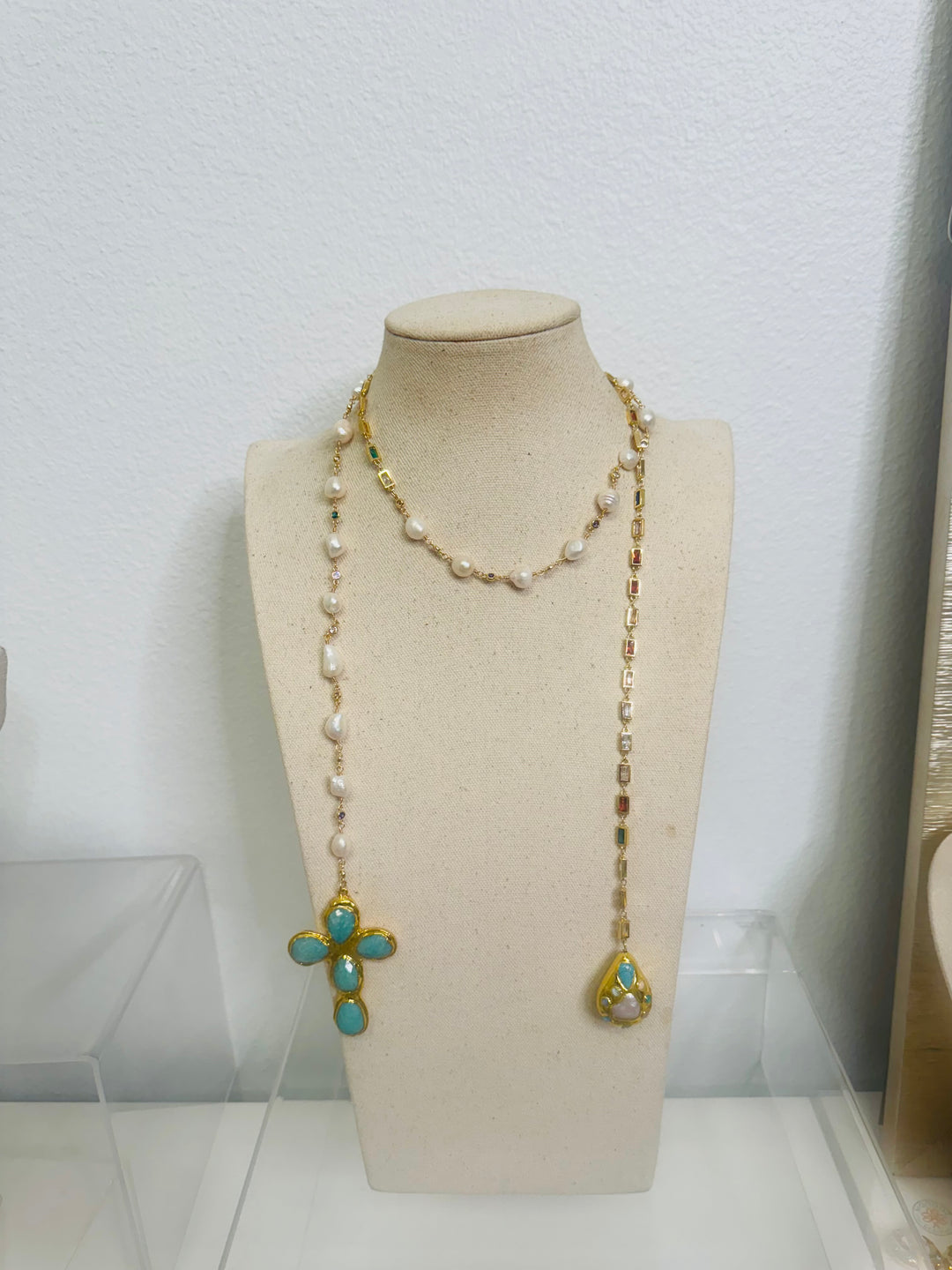 Grace Pearl Lariat Cross Necklace