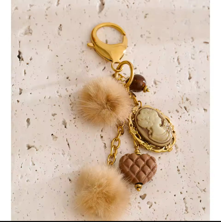 Cameo and  Fur Bag Charm