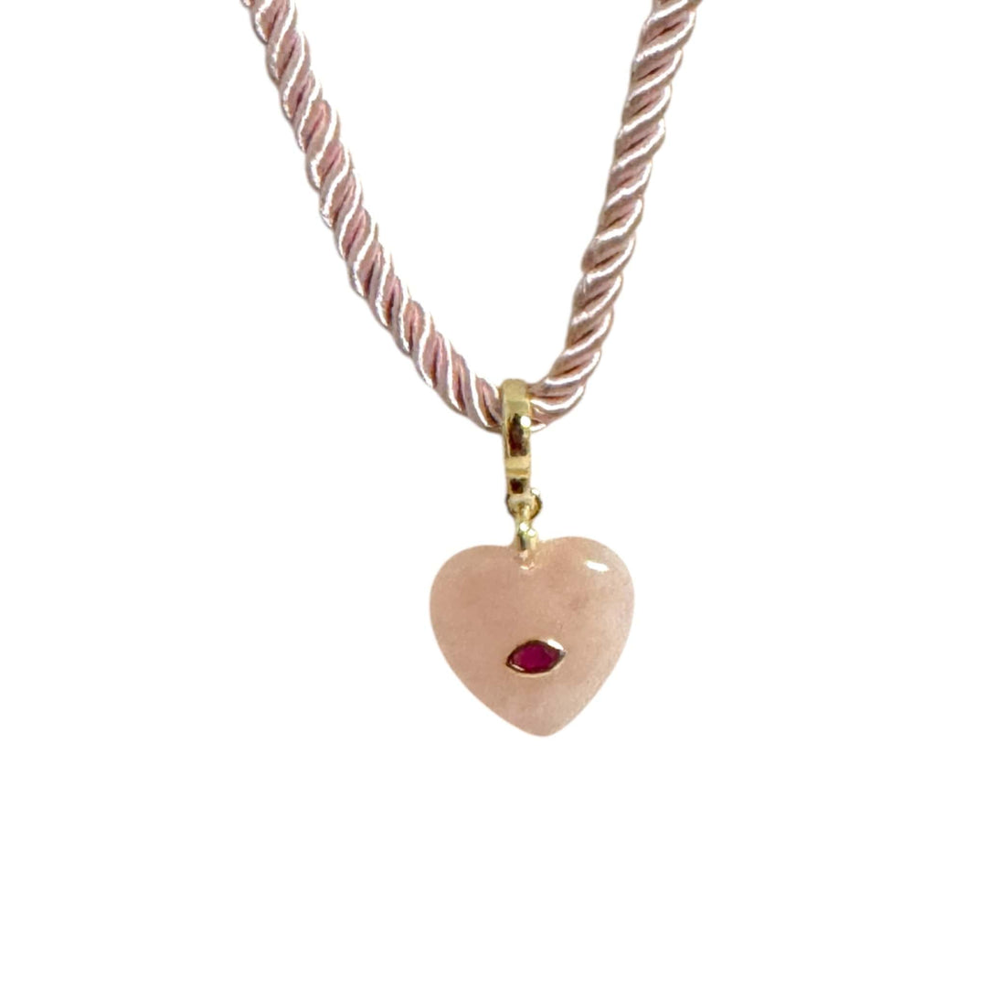 Rose quartz heart pendant necklace on twisted silk cord with gold bail