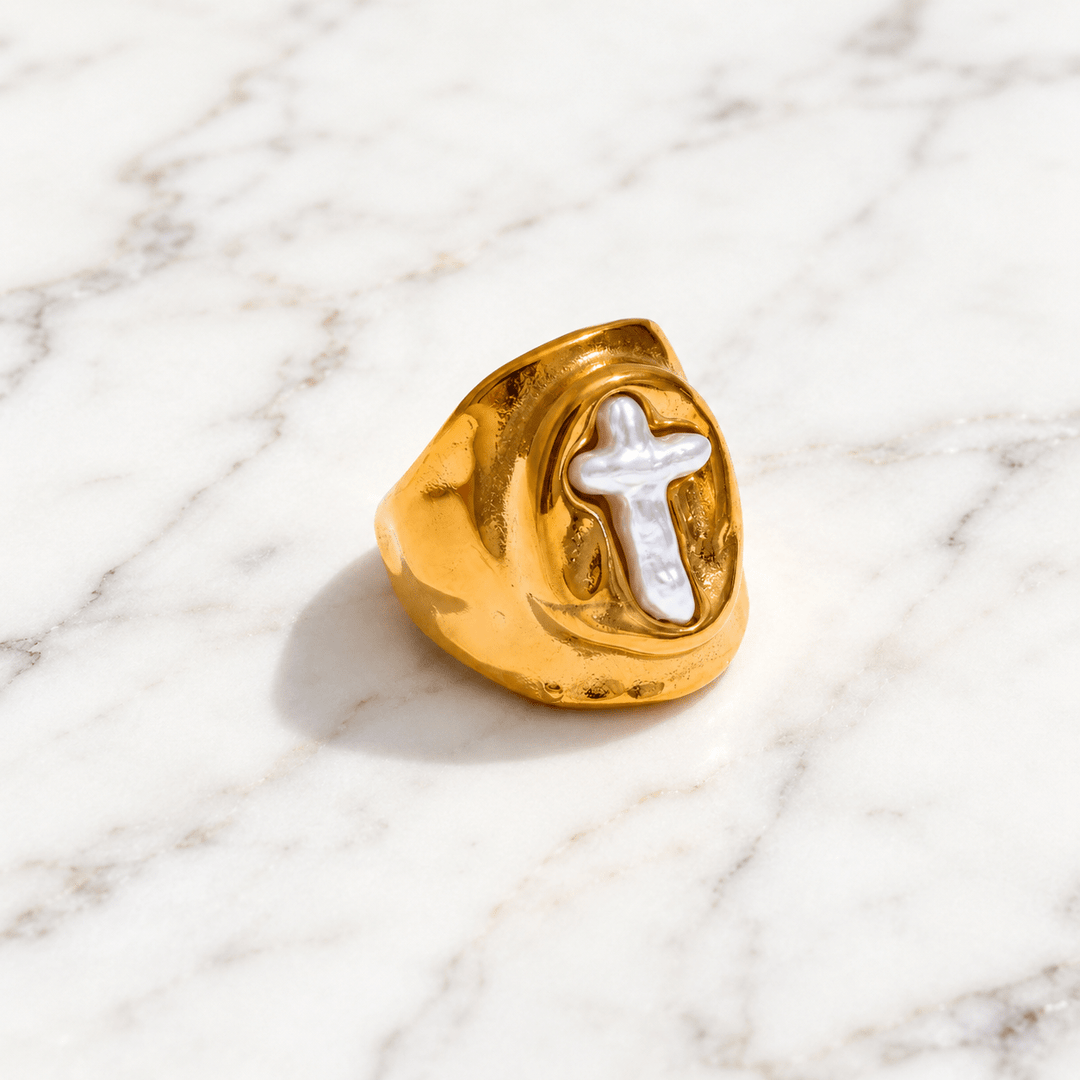 Madonna Pearl Cross Ring
