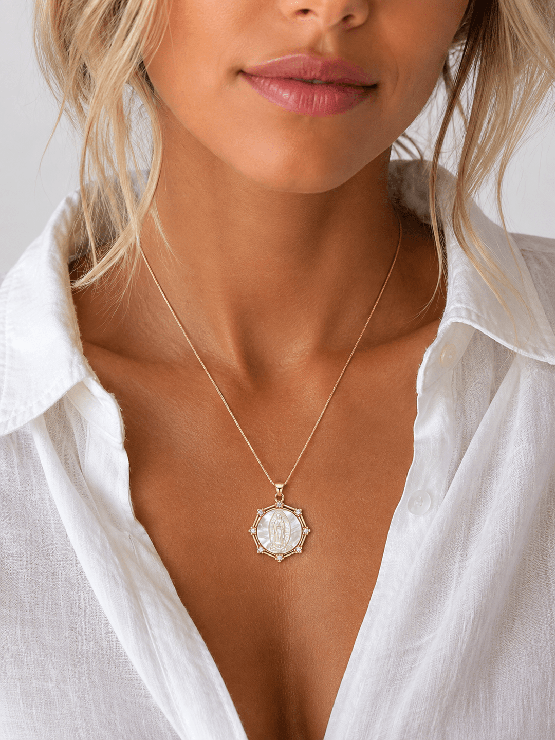 Our Lady of Guadalupe Mother-of-Pearl Medal Necklace