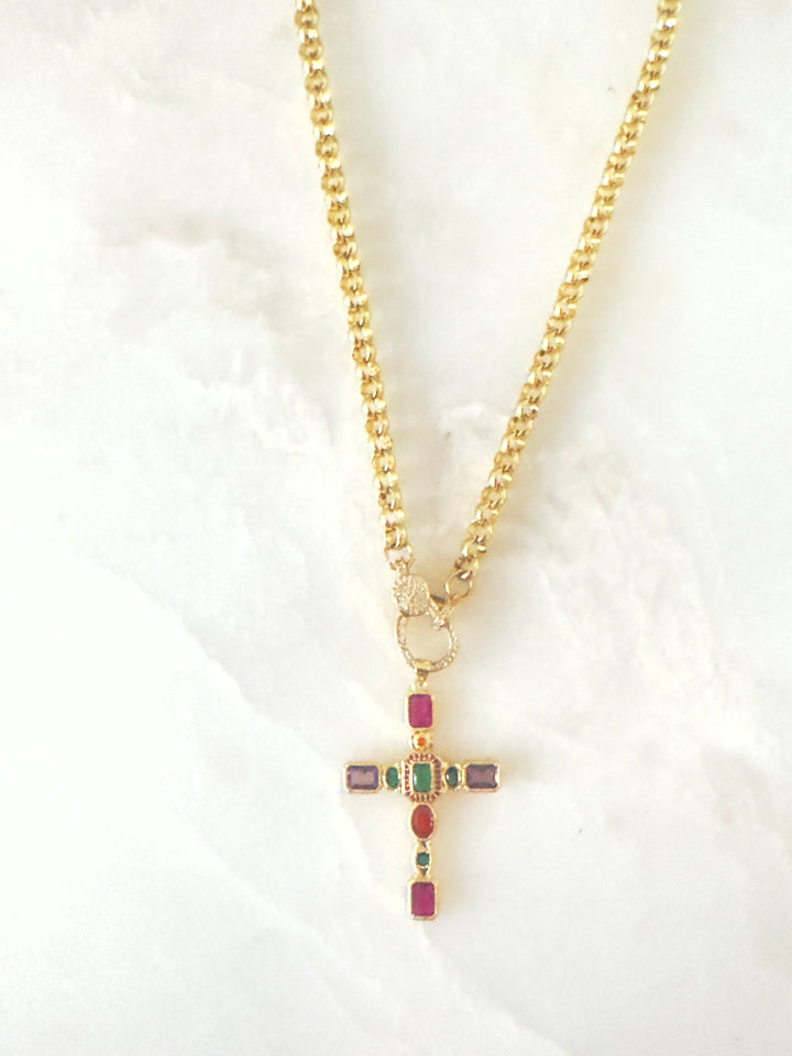 Gemstone Color Cross Gold  Necklace