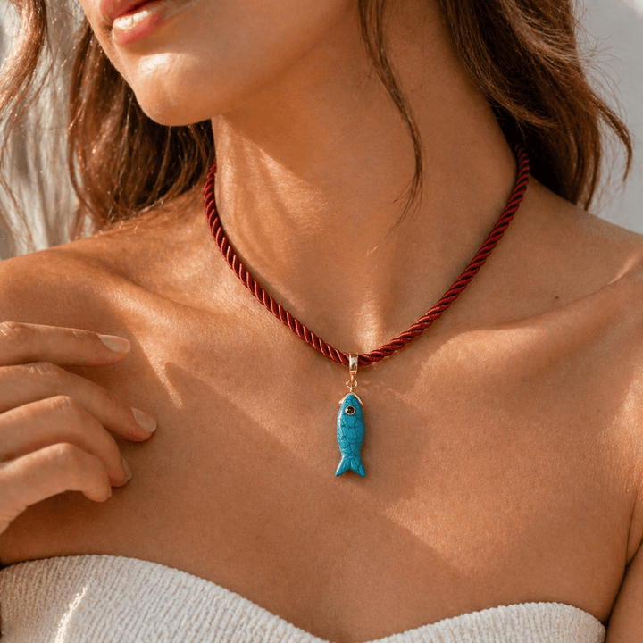 Turquoise Fish Pendant Necklace in Red Milano Cord