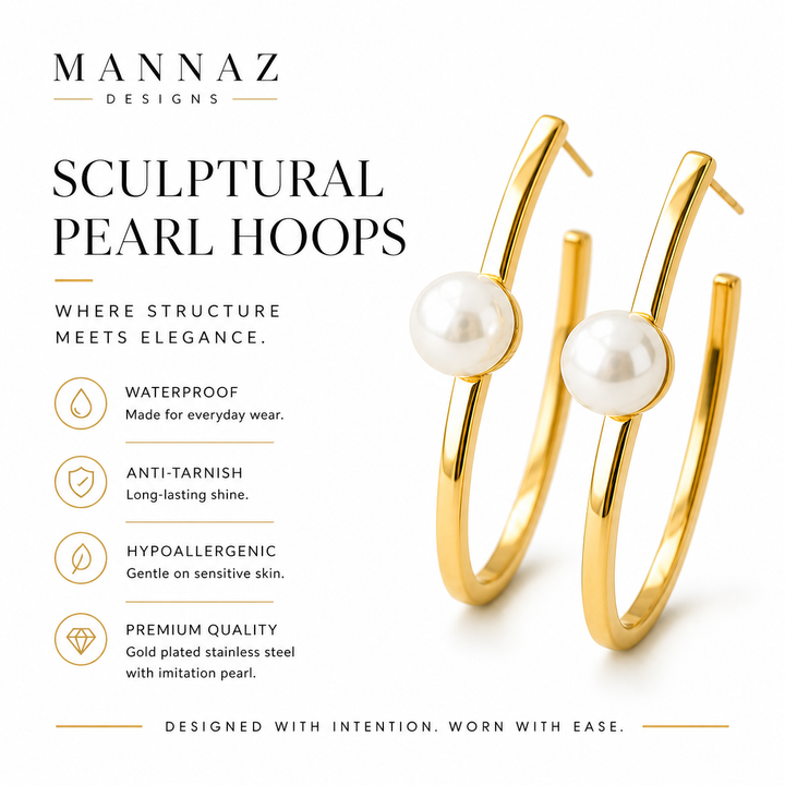 Sculptural Pearl Hoops – Gold Plated Statement Pearl Earrings, Modern Minimal Jewelry