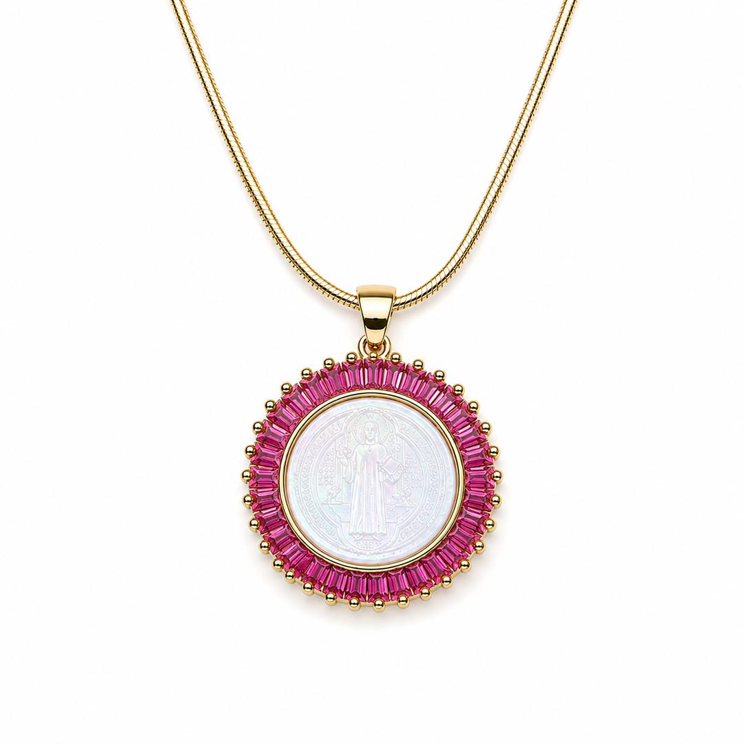 San Benedict Mother of Pearl Protection Necklace