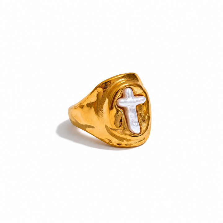 Madonna Pearl Cross Ring