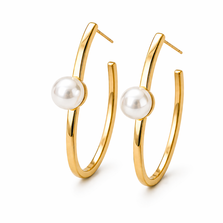 Sculptural Pearl Hoops – Gold Plated Statement Pearl Earrings, Modern Minimal Jewelry