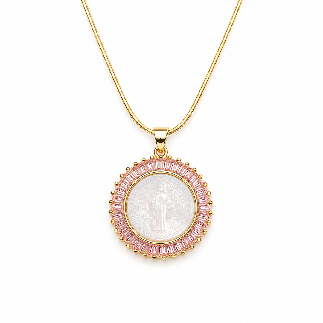 San Benedict Mother of Pearl Protection Necklace