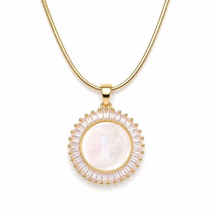 San Benedict Mother of Pearl Protection Necklace