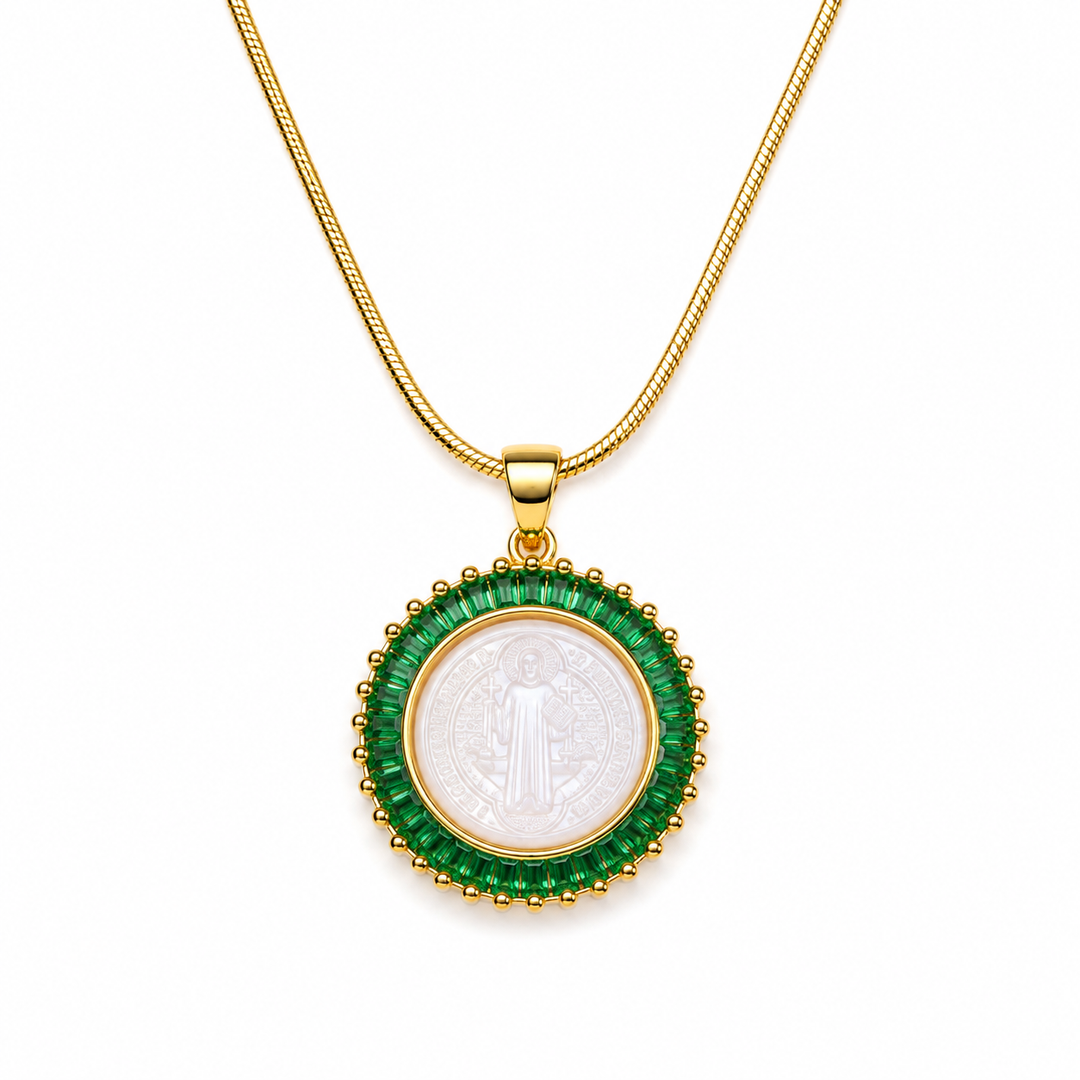 San Benedict Mother of Pearl Protection Necklace