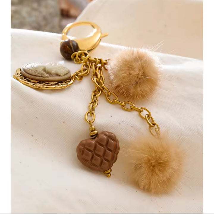 Cameo and  Fur Bag Charm