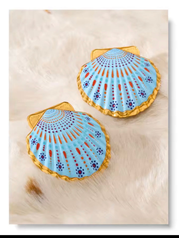 Hand-Painted Enamel Shell Earrings - PVD Gold