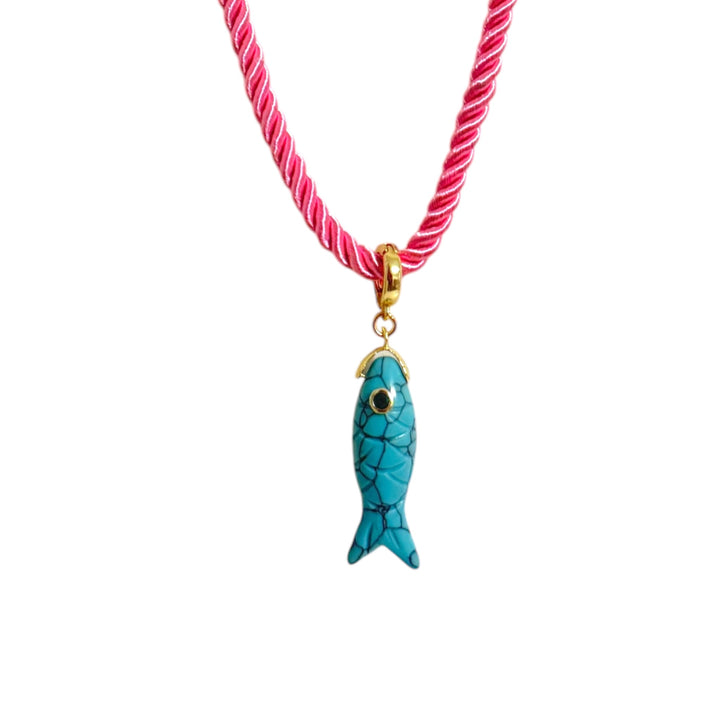 Turquoise Fish Pendant Necklace - Natural Stone Talisman on Red Silk Cord