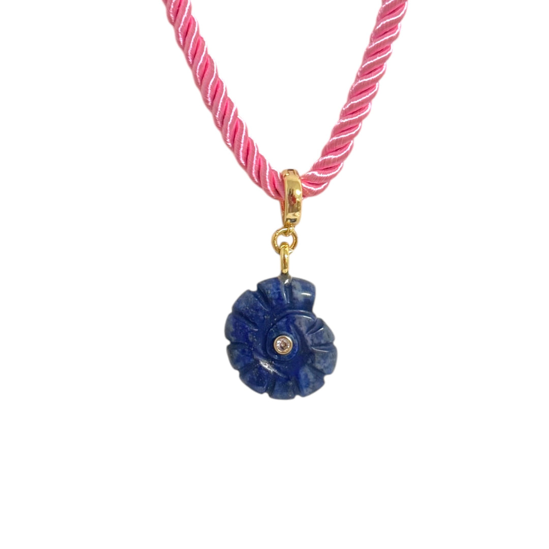 Lapis lazuli snail pendant necklace on pink silk cord with gold bail