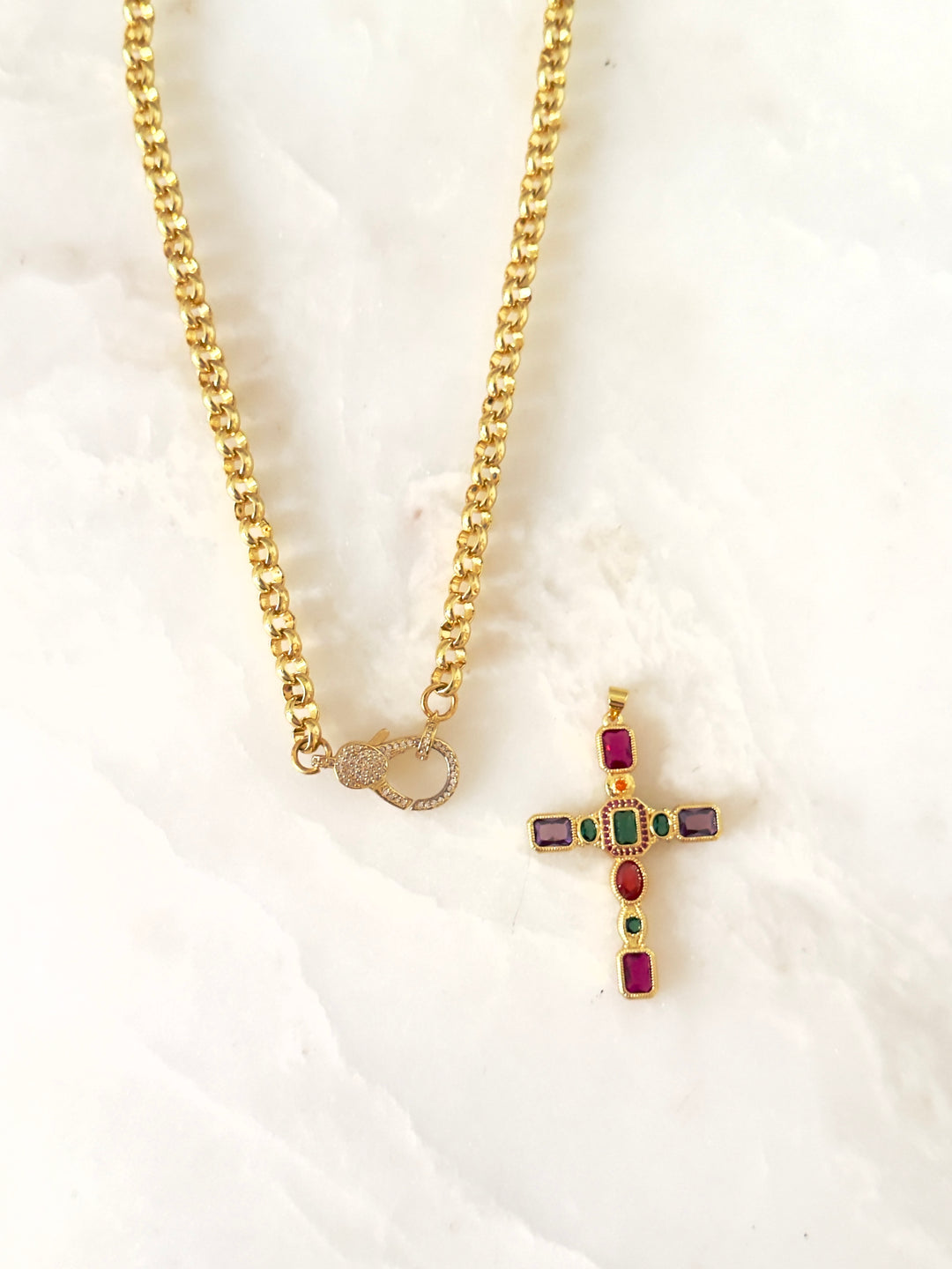 Gemstone Color Cross Gold  Necklace