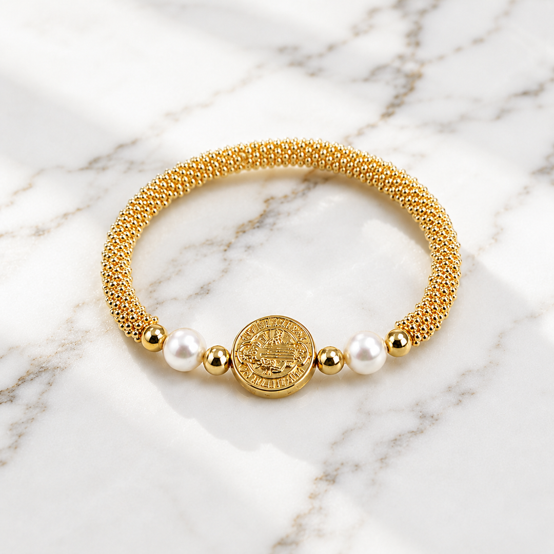 Saint Benedict Pearl Stretch Bracelet