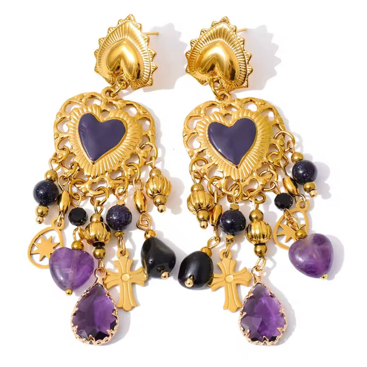 Heart Chandelier Earrings with Purple beads