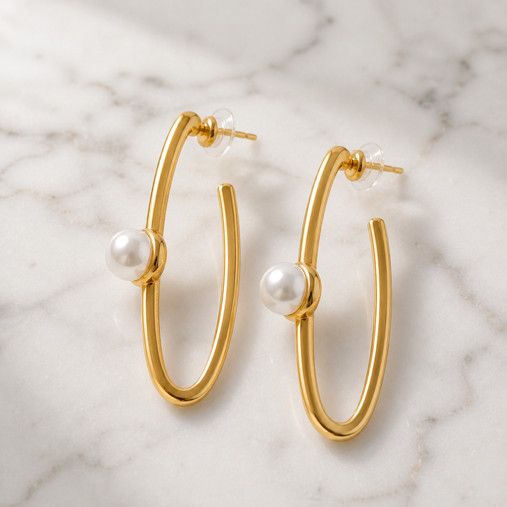 Sculptural Pearl Hoops – Gold Plated Statement Pearl Earrings, Modern Minimal Jewelry