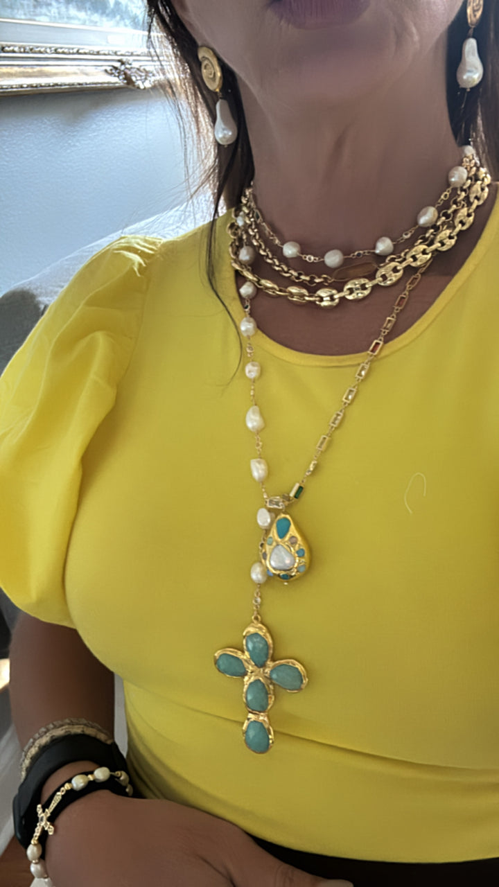 Grace Pearl Lariat Cross Necklace