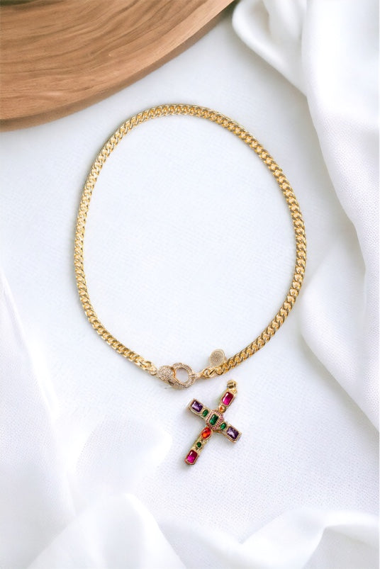 Spring 2024 Queen Necklace Mannaz Designs Gemstone Cross Gold Necklace 