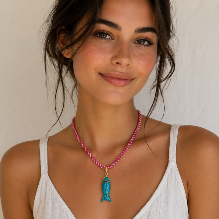 Turquoise Fish Pendant Necklace - Natural Stone Talisman on Red Silk Cord