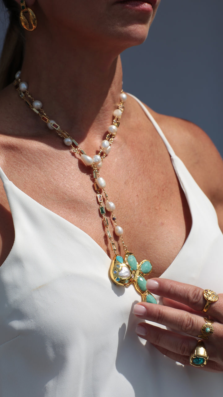 Grace Pearl Lariat Cross Necklace