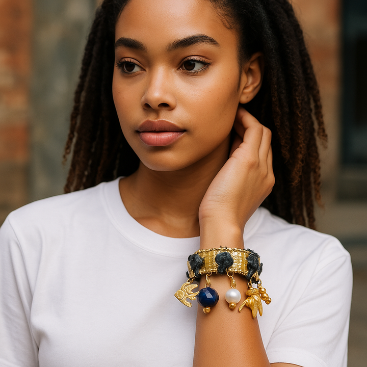 Denim Charm Gold Bangle Bracelet