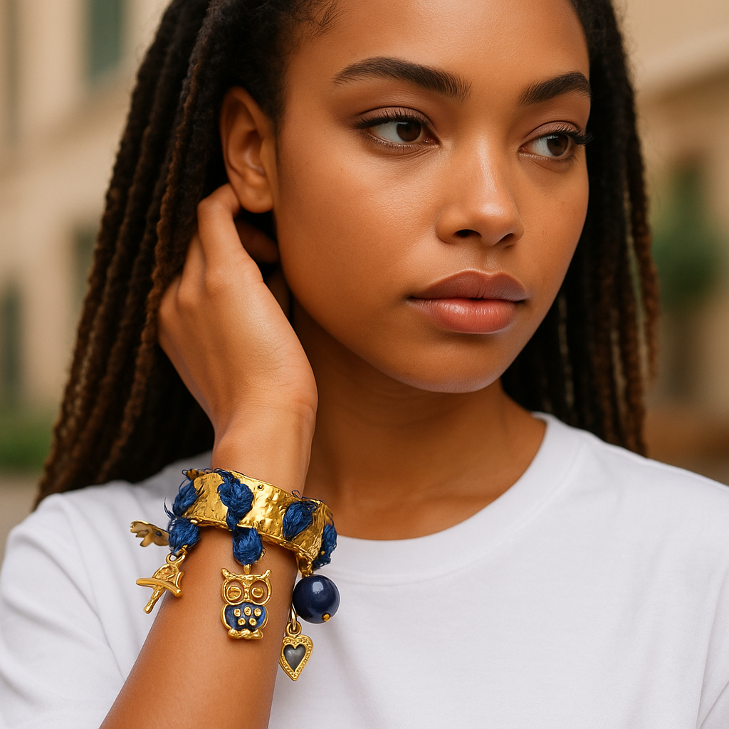 Denim Charm Gold Bangle Bracelet