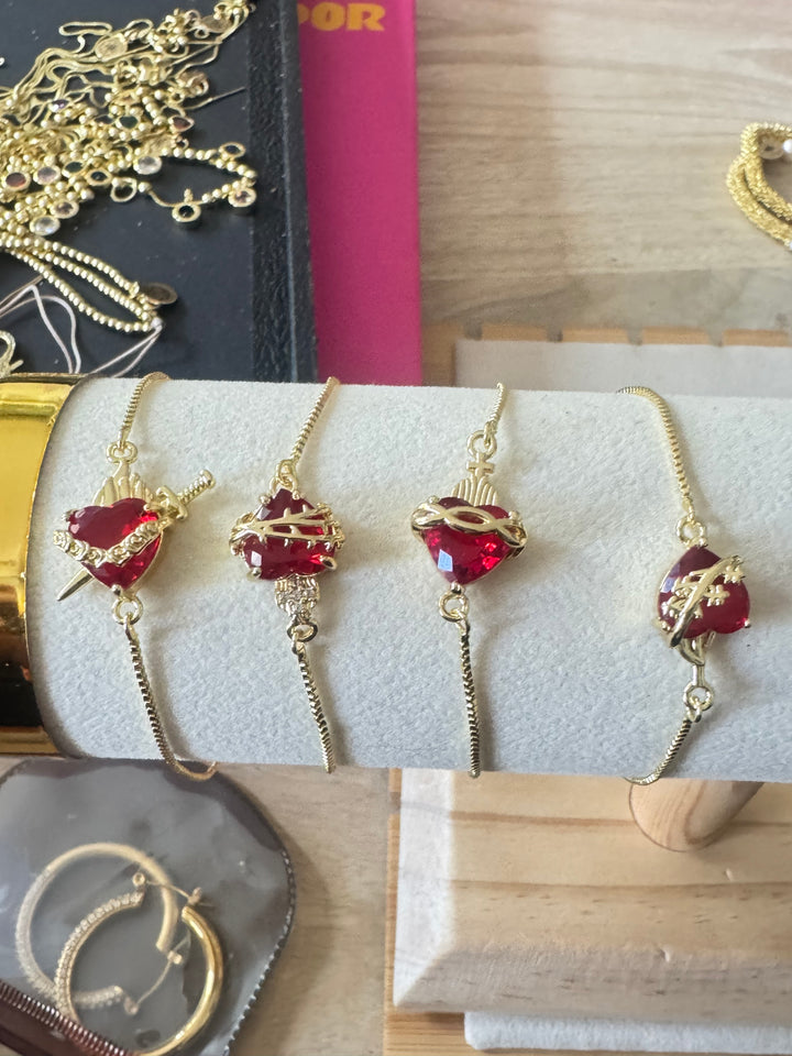 Sacred Heart Red Crystal Bracelet – 18K Gold Plated