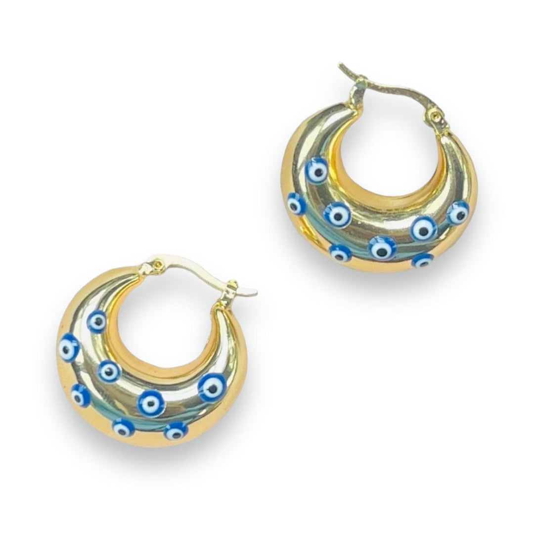 summer 2023 Light Blue Earrings Mannaz Designs Lucky Evil Eye Gold Hoops 