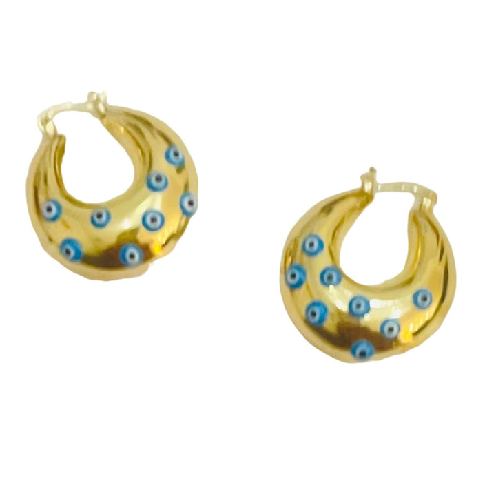 summer 2023 Light Blue Earrings Mannaz Designs Lucky Evil Eye Gold Hoops 