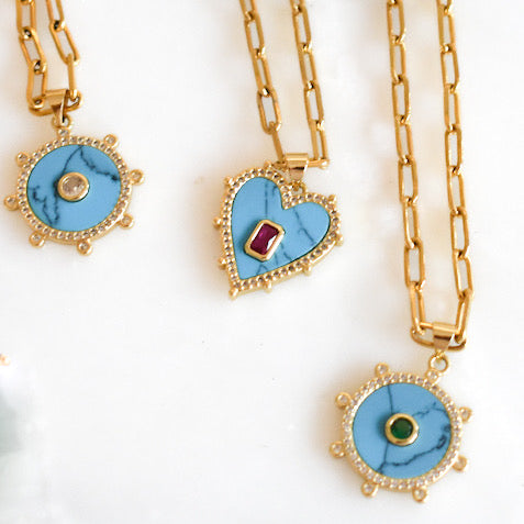 summer 2023 Heart  Mannaz Designs Mandala and Heart Turquoise and Gold Pendant Necklaces 