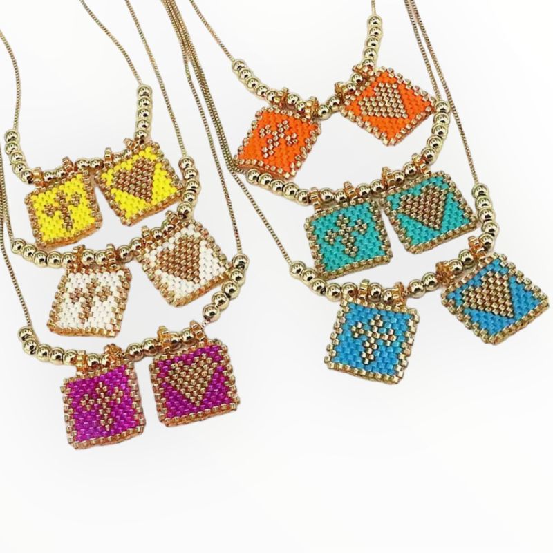  White  Mannaz Designs Miyuki Cross and Heart Gold Necklace 