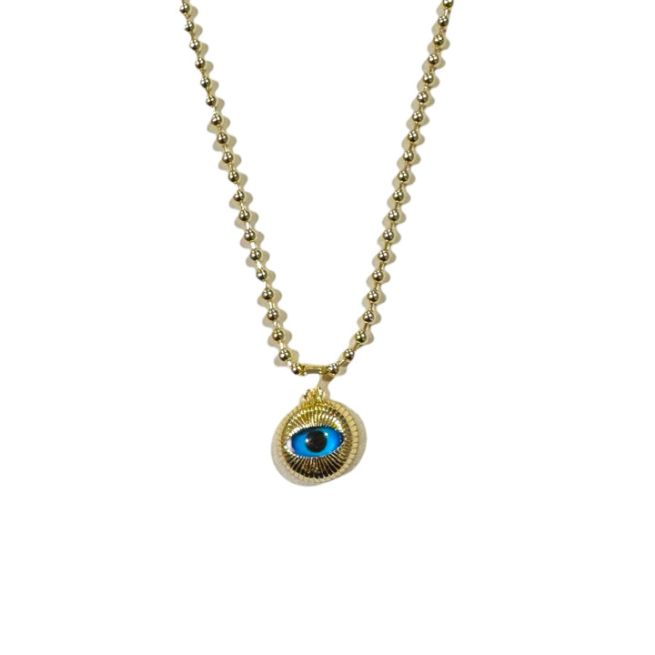 Necklace with a blue eye pendant on a white background