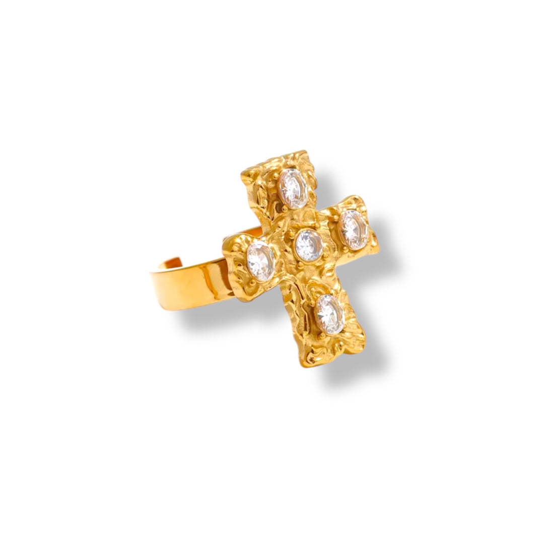 Cross Barroque Gold Stainless Steel Ring