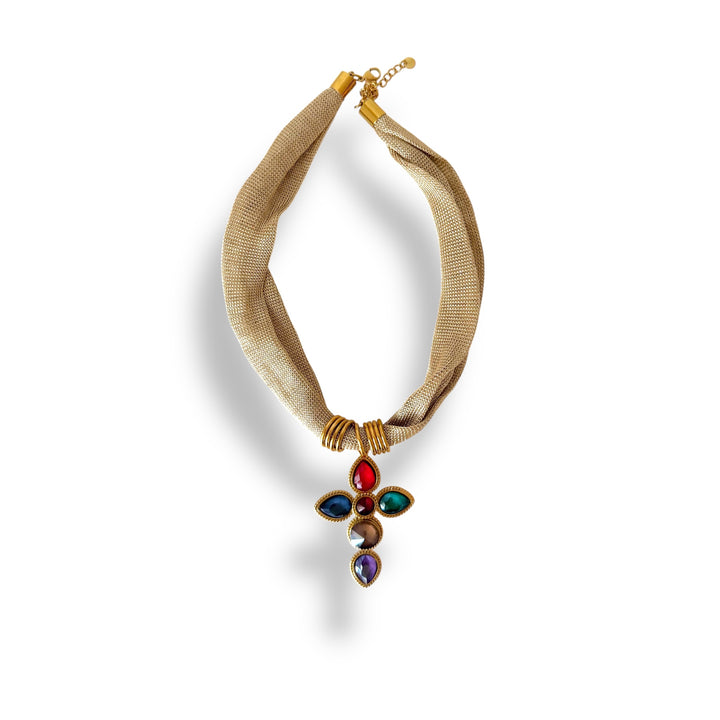 Isis Cross Mesh Necklace – Statement Gold & Gemstones