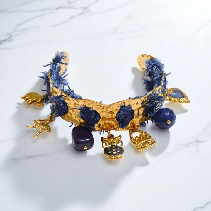 Denim Charm Gold Bangle Bracelet