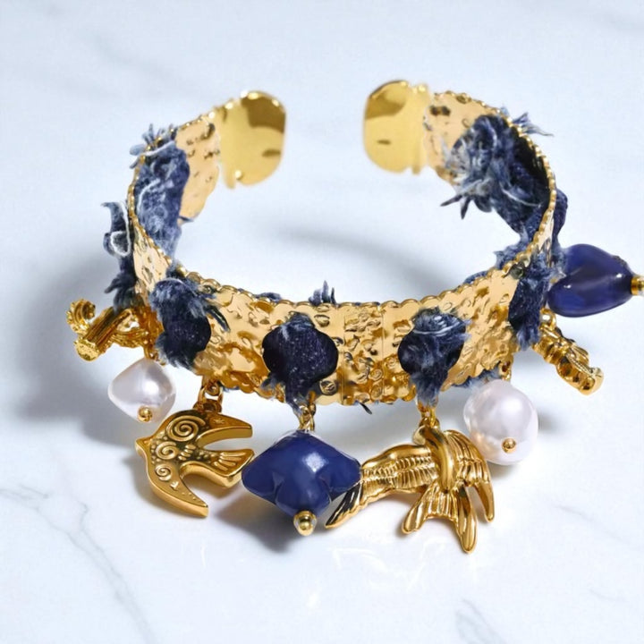 Denim Charm Gold Bangle Bracelet