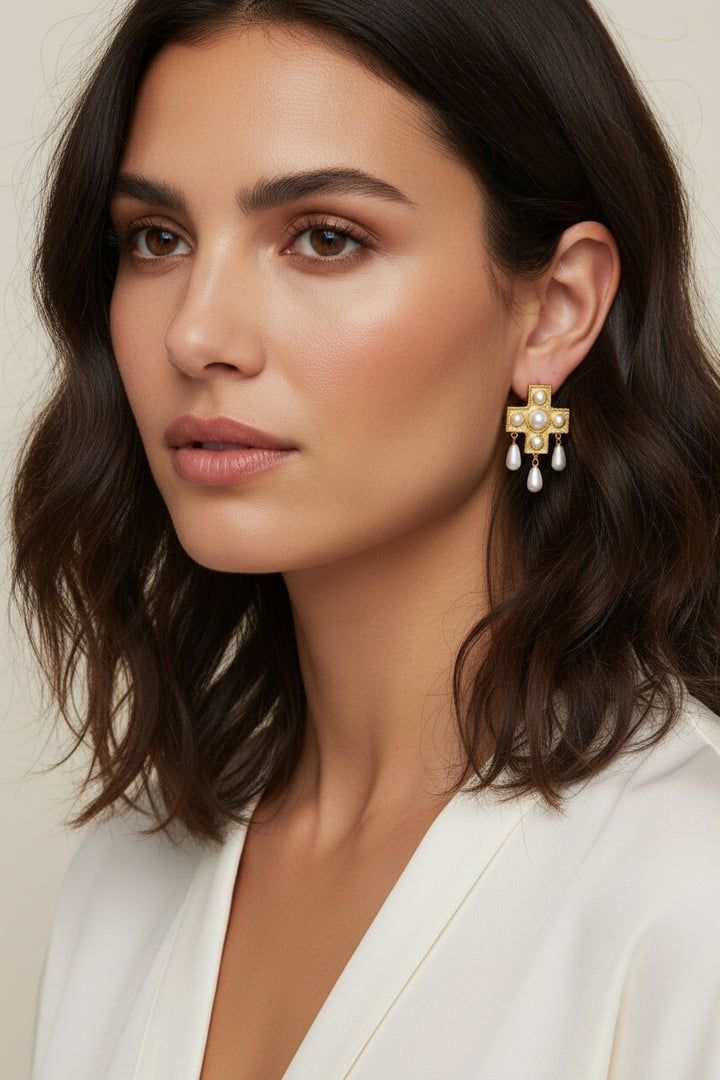 Divine Pearl Cross Earrings