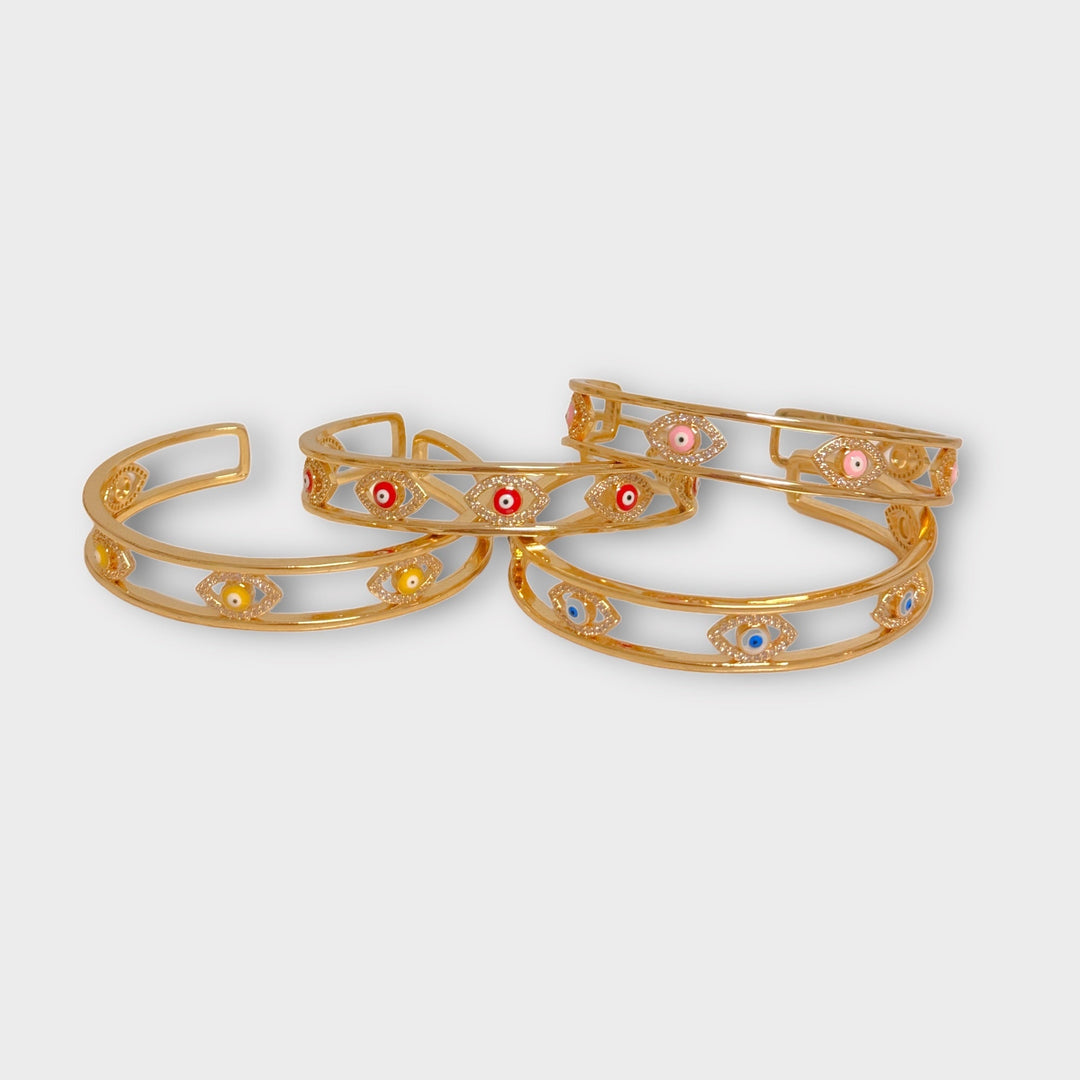 HOLIDAYS 22, Spring 2024 White Bracelets Mannaz Designs Protective Evil Eye Gold Bangle Bracelet - Empower Your Style 