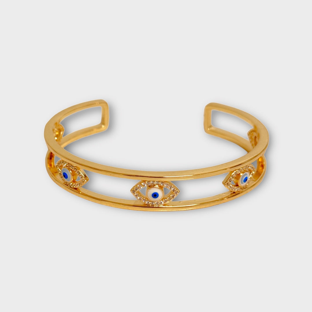 HOLIDAYS 22, Spring 2024 White Bracelets Mannaz Designs Protective Evil Eye Gold Bangle Bracelet - Empower Your Style 