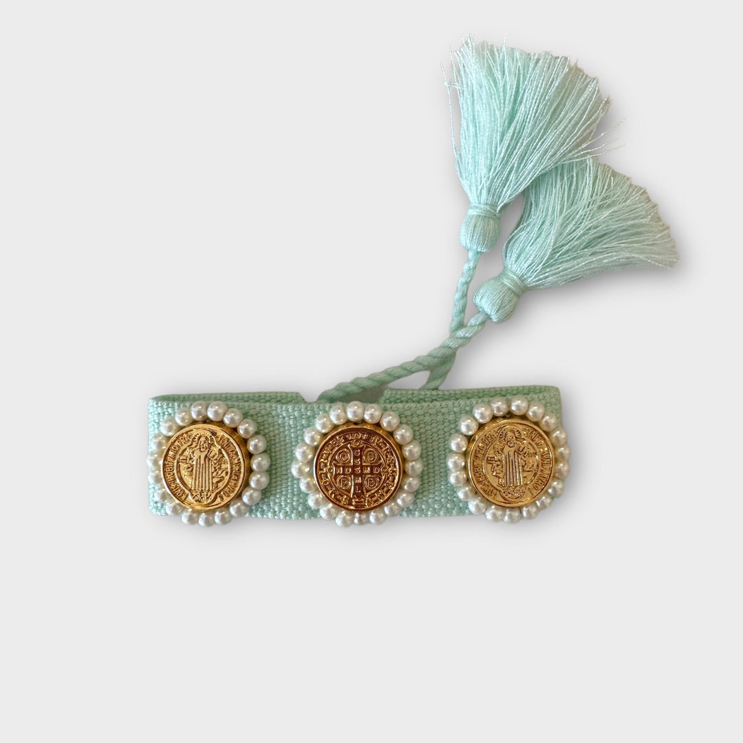 Spring 2024 Mint Green Bracelets Mannaz Designs San Benedict Woven and Pearls adjustable Bracelet 
